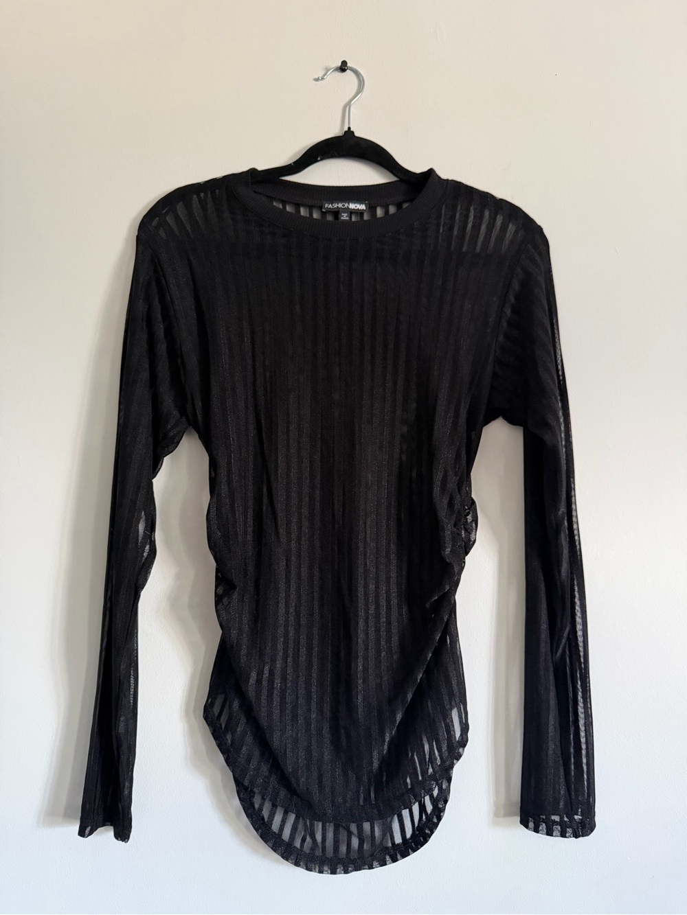 Fashion Nova Black Sheer Ribbed Long-Sleeve Top Large
